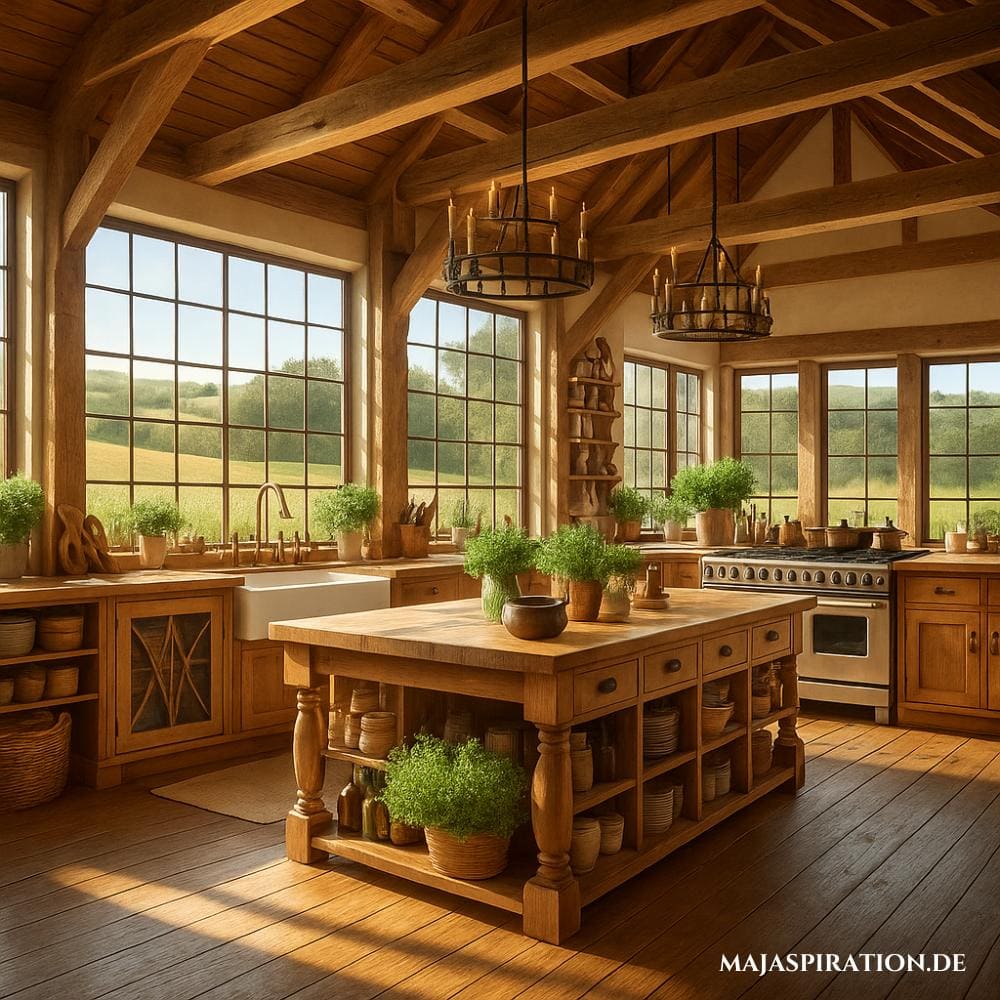 Landhausküche mit Fensterwand, Holzbalkendecke und großer Kochinsel aus Holz