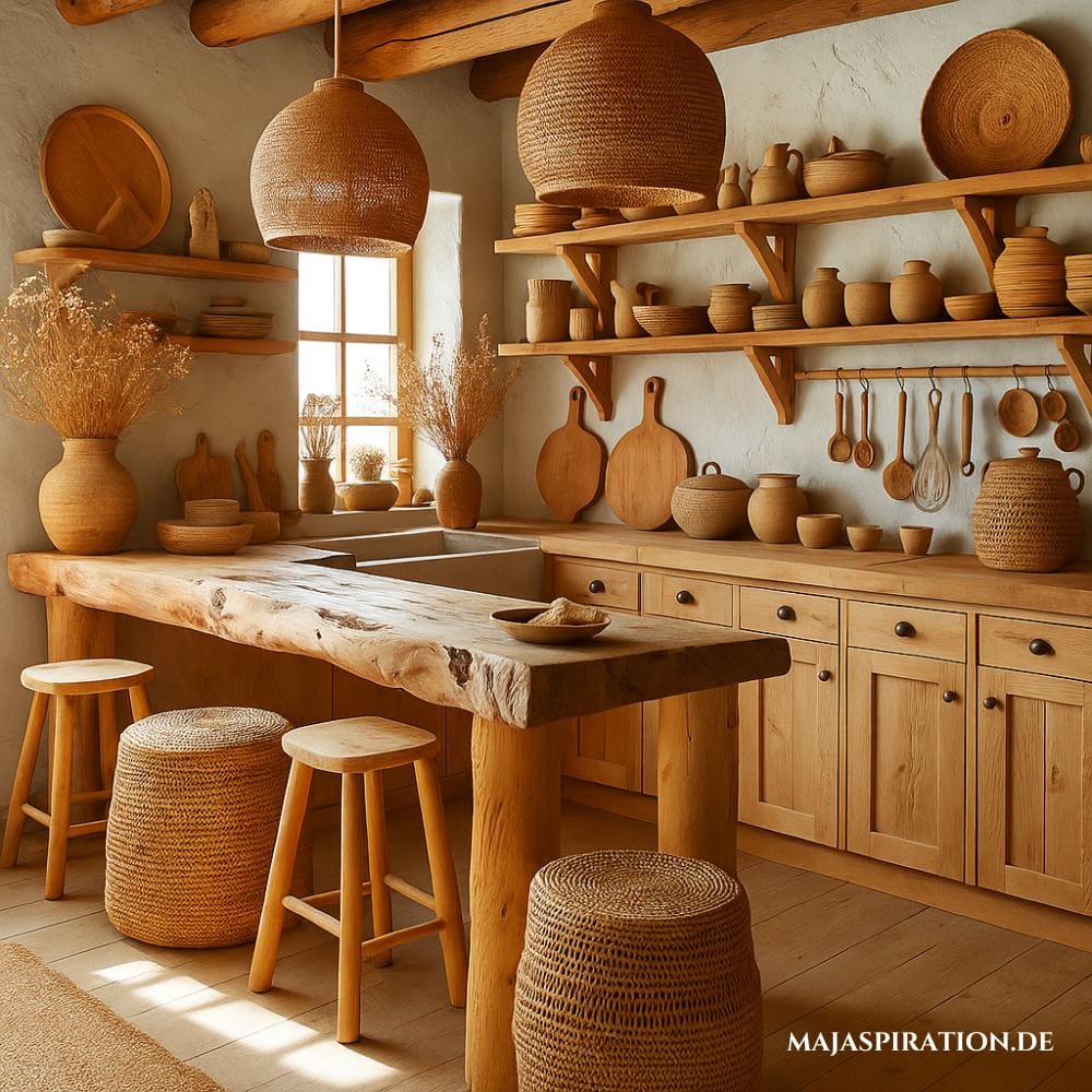 Boho Küche aus Holz mit massivem Holztisch und Bambusleuchten