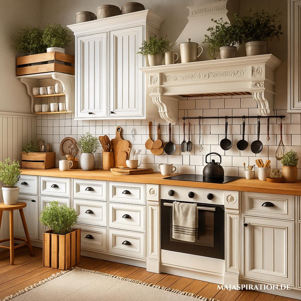 Küche im Landhausstil mit weißen Shaker Schränken und heller Holzarbeitsplatte