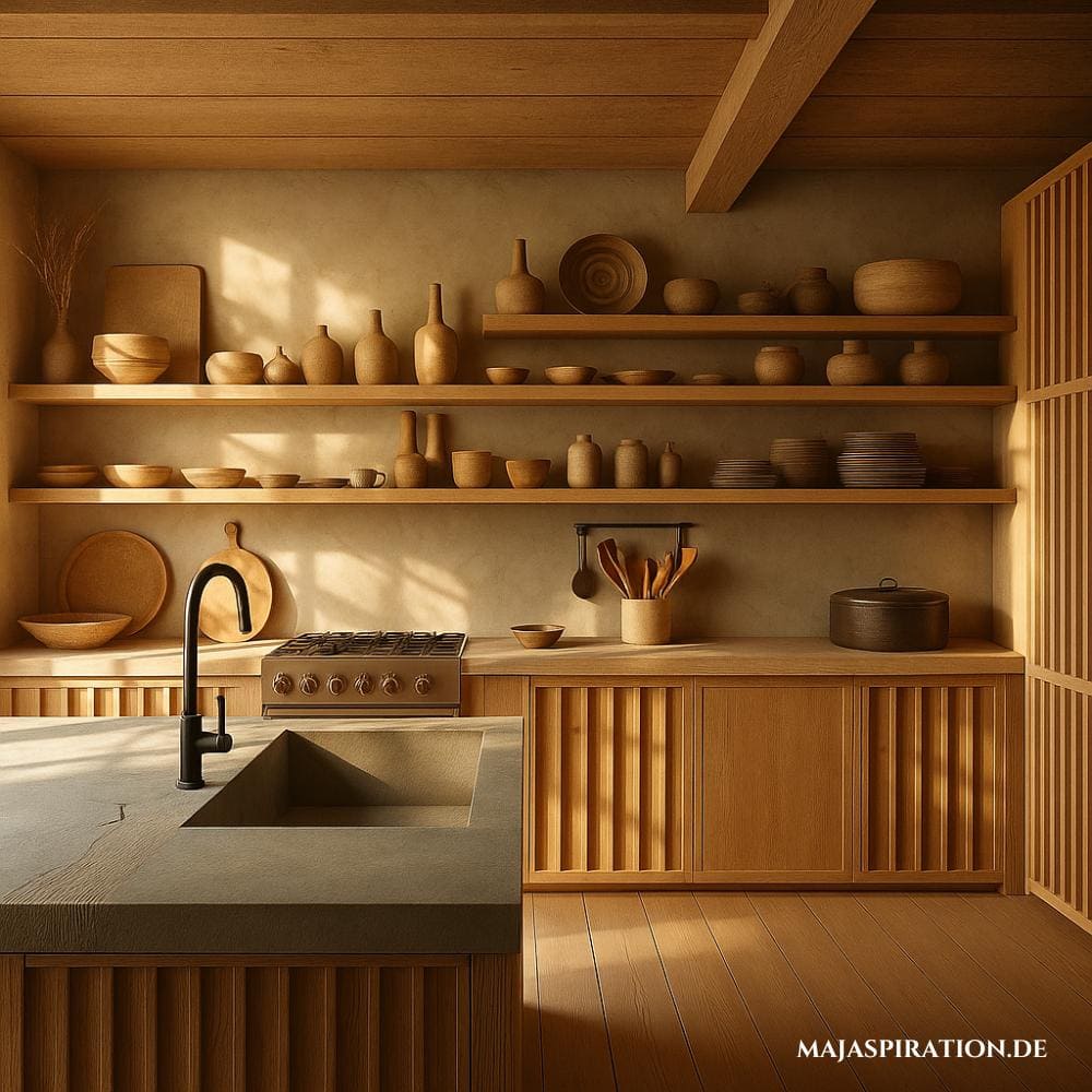 Wabi-Sabi Küche mit Beton-Look Wand und Holzregalen und Stein-Arbeitsplatte