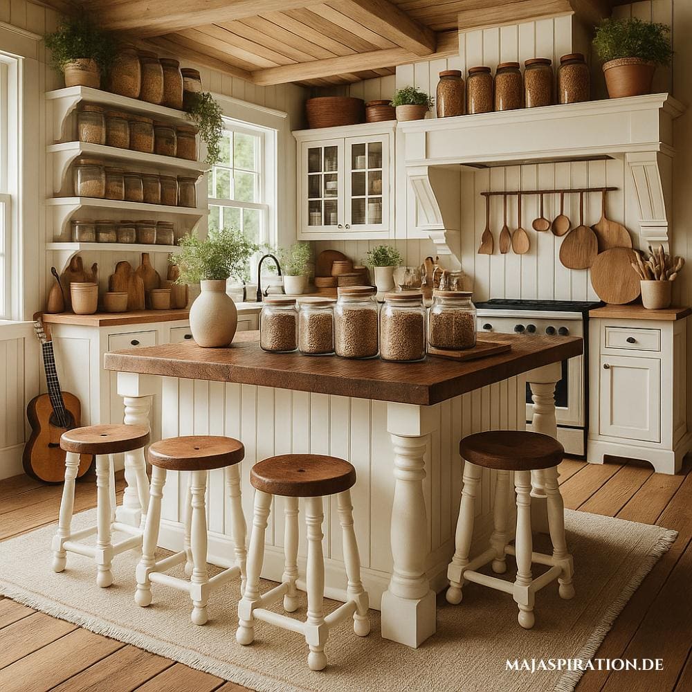 Landhausstil Küche mit massivem Holztisch und Holzstühlen im Shabby Look