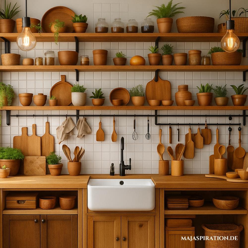 Küchenwand mit Wandfliesen, und Holzregalen mit Keramikspüle