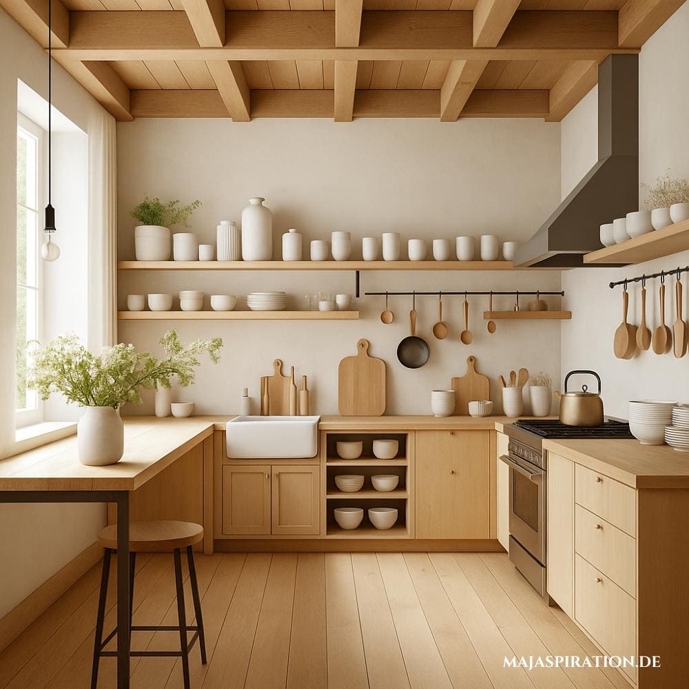 Moderne Landhausküche aus hellem Holz und Wandregalen
