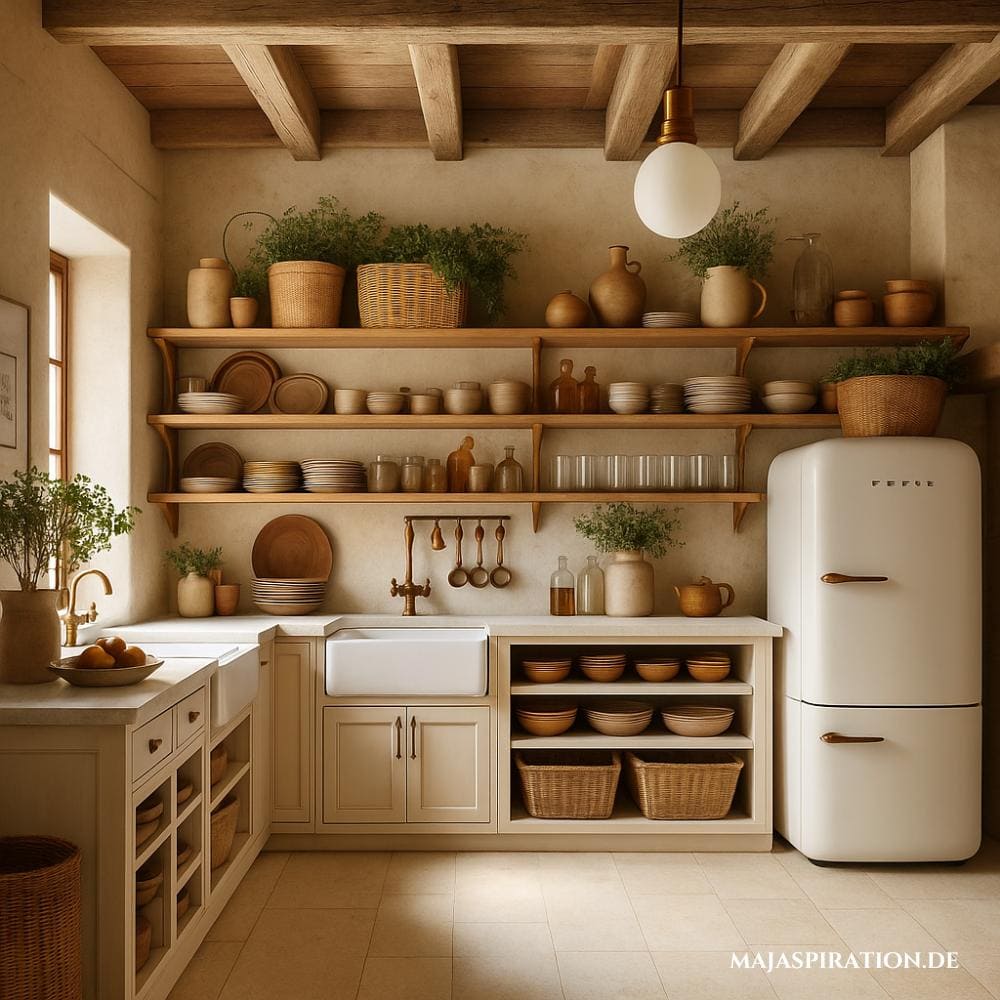Küche im skandinavischen Stil mit Wandregalen, Holzbalken und weißem Retro-Kühlschrank