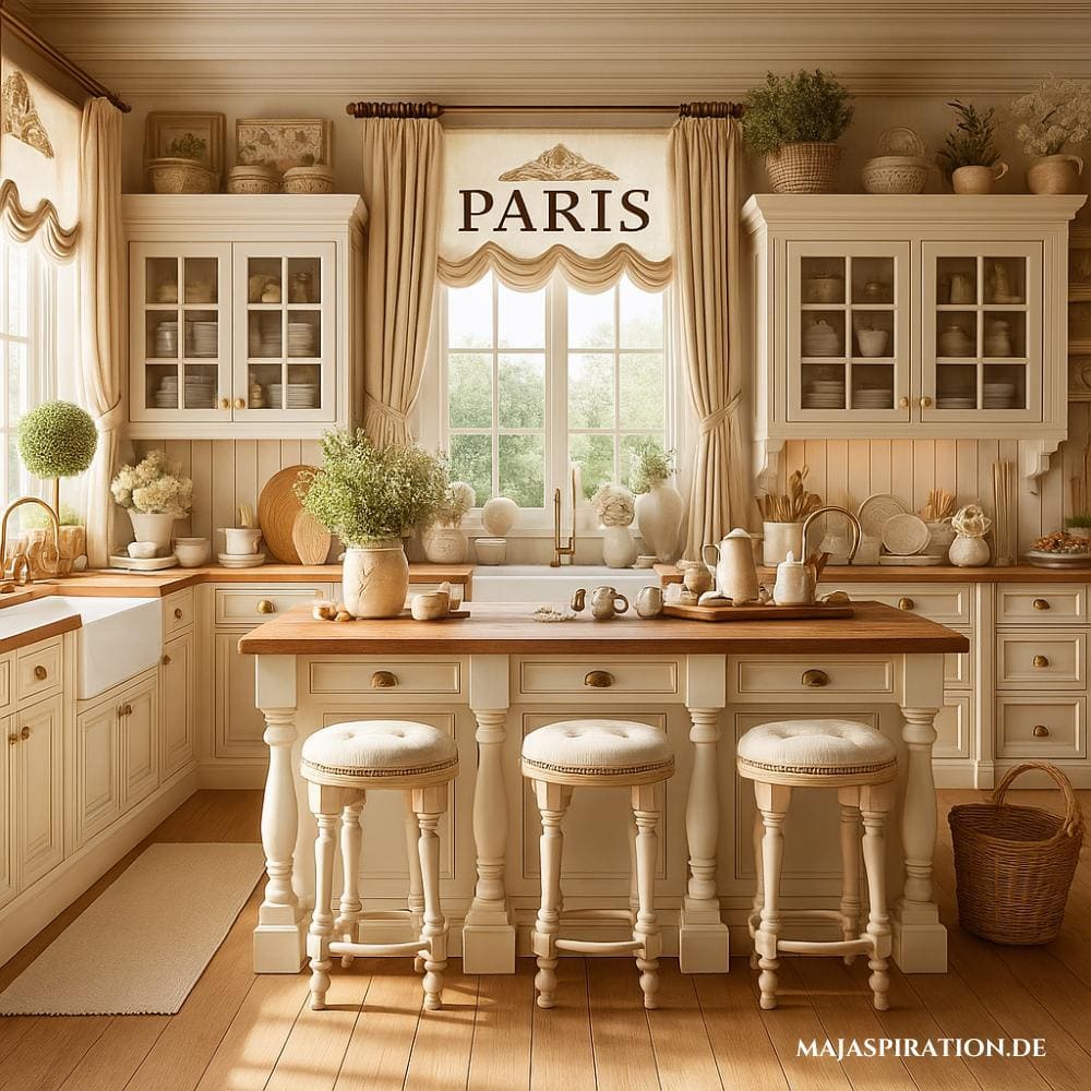 Küche im französischen Landhausstil mit Kochinsel, Paris-Vorhängen aus Leinen und barocken Sitzhockern