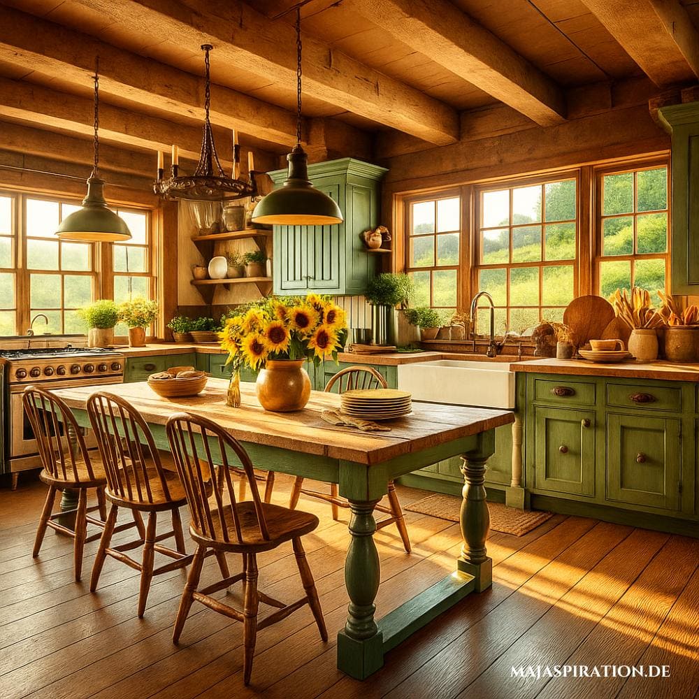 Küche im Landhausstil mit großen Fenstern, Holztisch, Pendelleuchte aus Kupfer und Sonnenblumen
