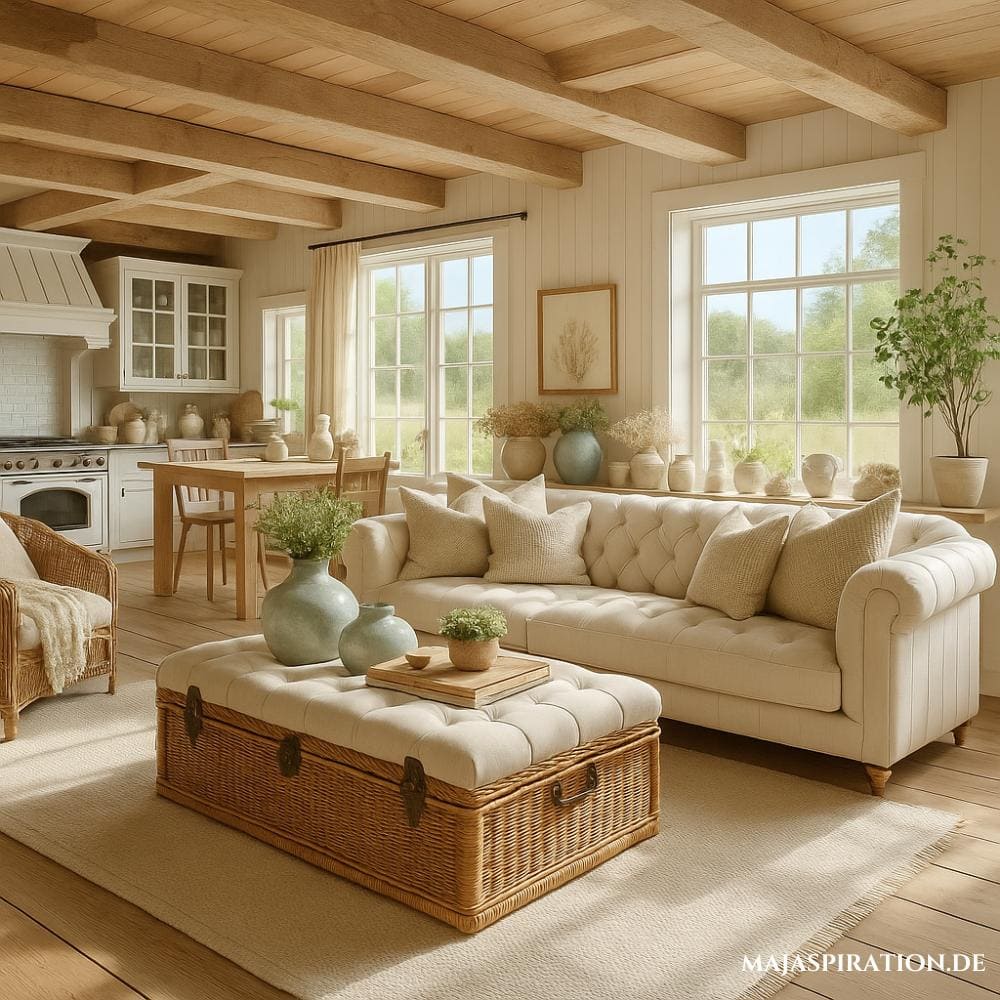 Wohnzimmer im Landhausstil mit Korbtisch und gemütlichem Sofa