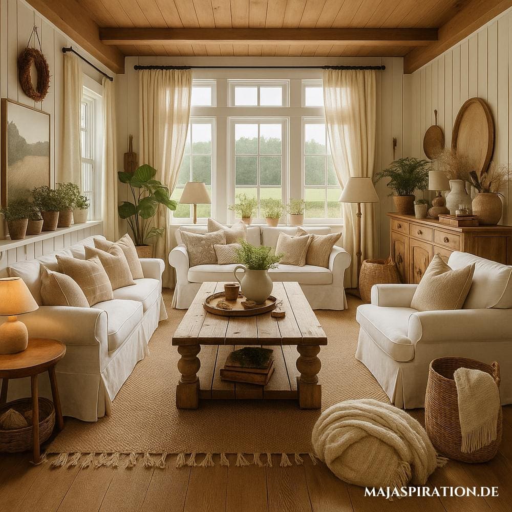 Wohnzimmer im Landhausstil mit massiven Holzcouchtisch
