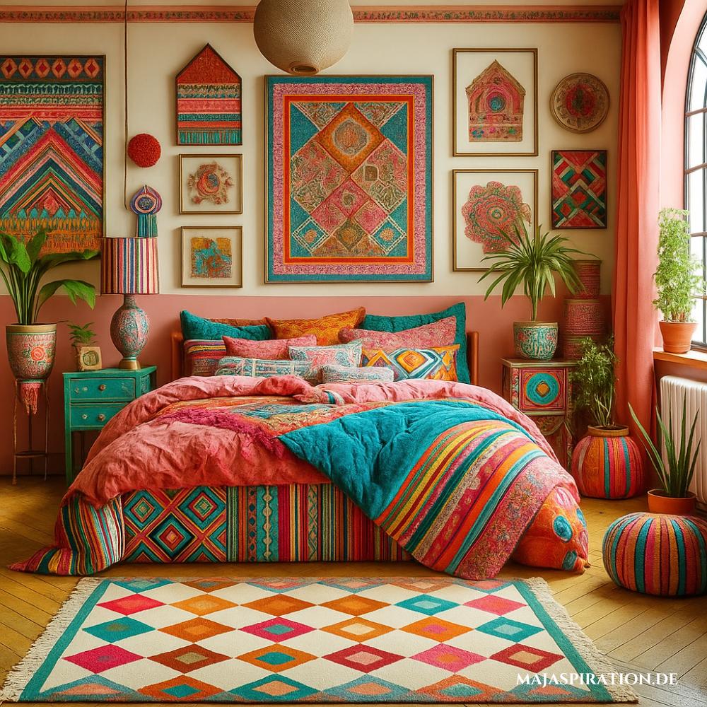 Buntes Boho Schlafzimmer mit Muster Mix