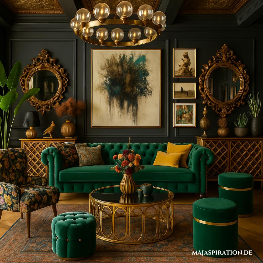 Maximalistisch, opulentes Wohnzimmer mit antiker Einrichtung
