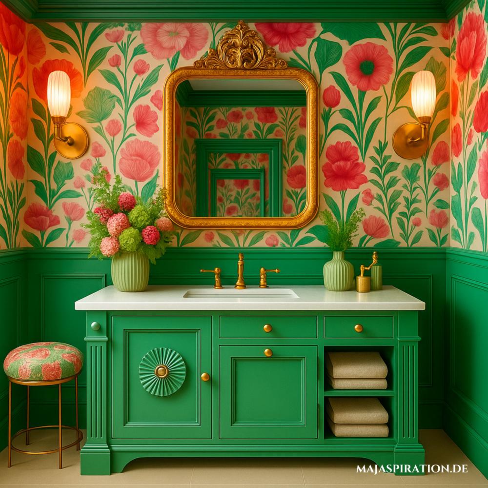 Maximalistisches Badezimmer mit grünen Djungle Vibes