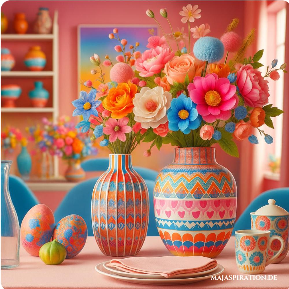Bunte, maximalistische Vasen mit bunten Blumen