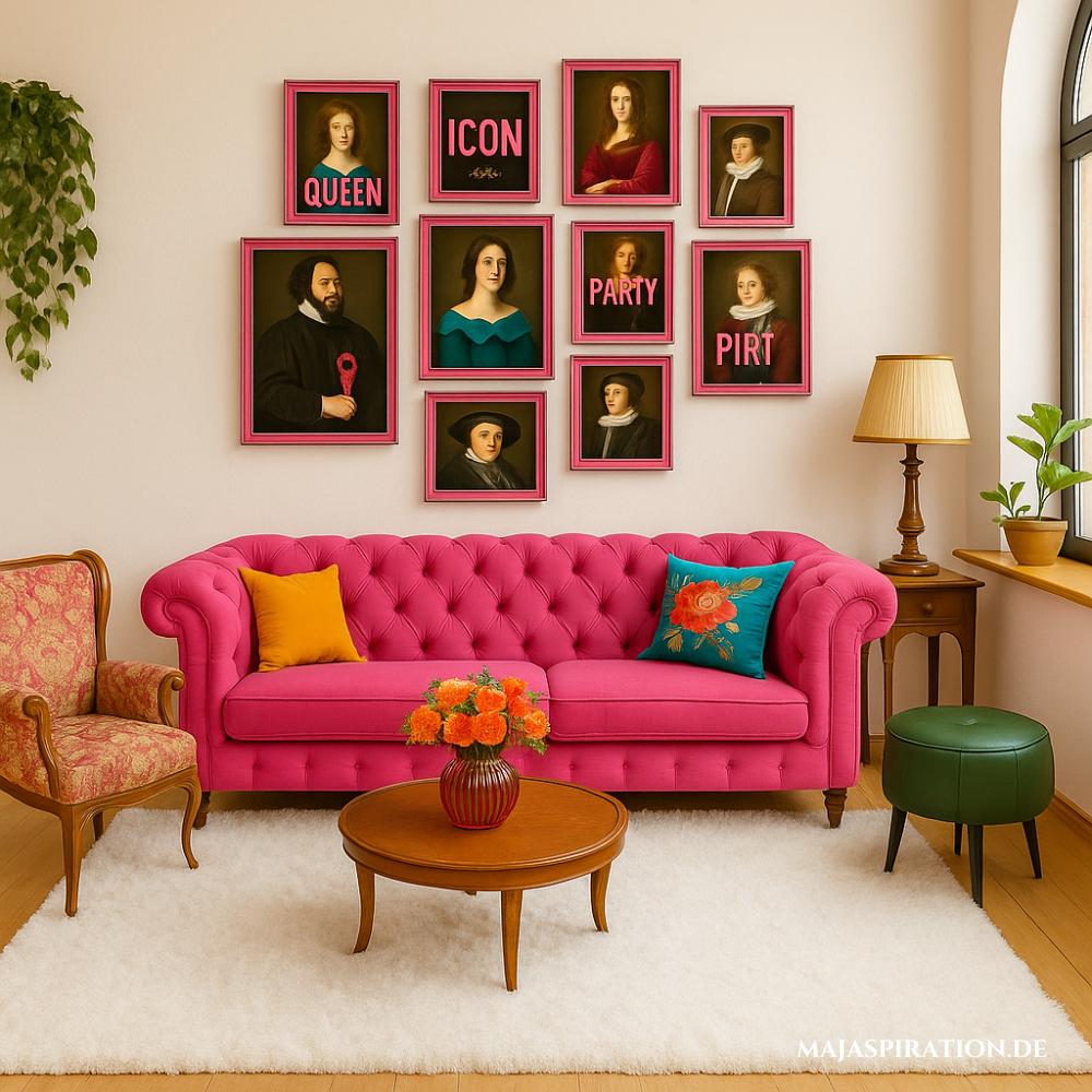 Buntes Wohnzimmer im Maximalismus Stil mit Bücherwand im Vintage Look