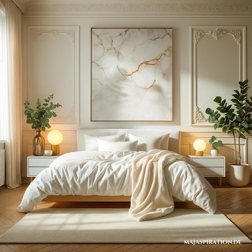 Elegantes Schlafzimmer in Weiß mit Marmor-Wandbild mit goldenen Akzenten