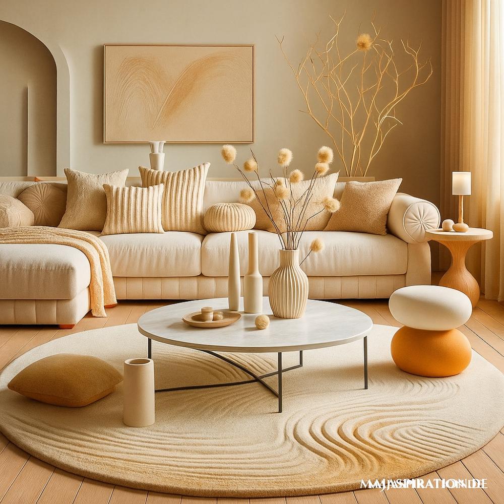 Wohnzimmer mit beigem Cordcouch und ästhetischer Home Decor