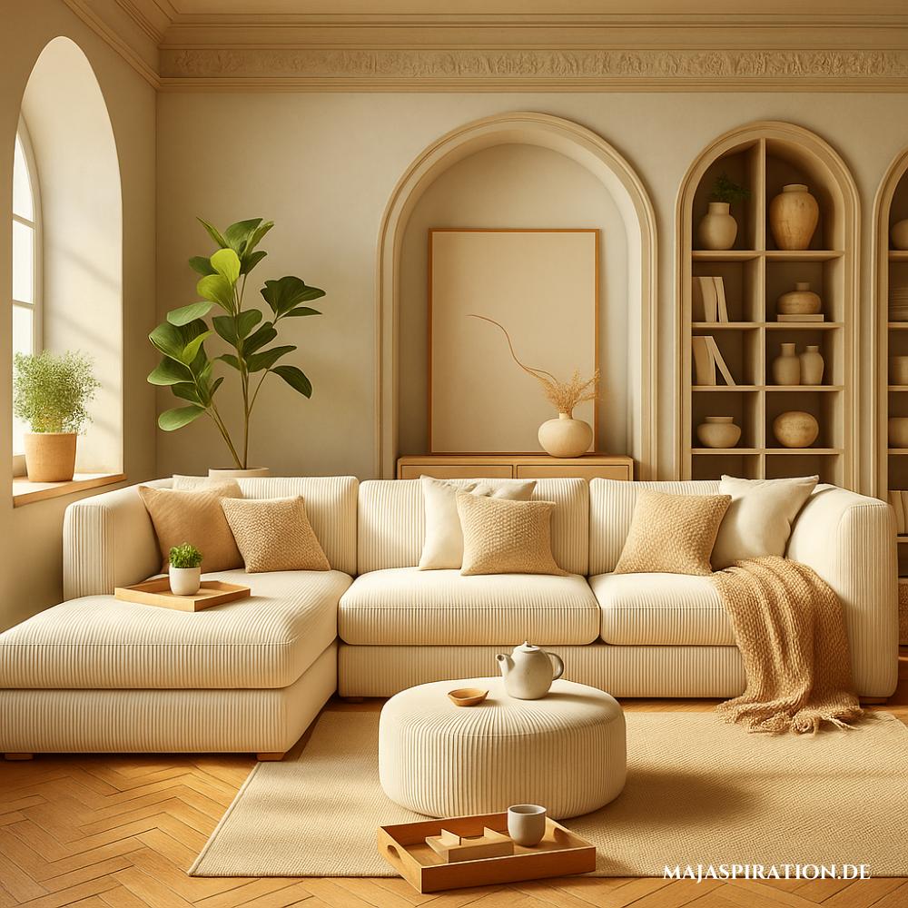 Wohnzimmer mit beigem Cordcouch und ästhetischer Home Decor