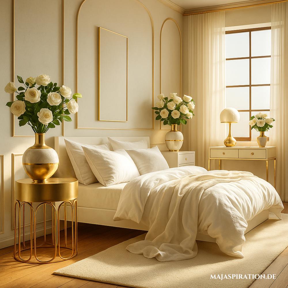 Ästhetische Home Decor im Pinterest Look mit goldenem Nachttisch in elegantem Schlafzimmer