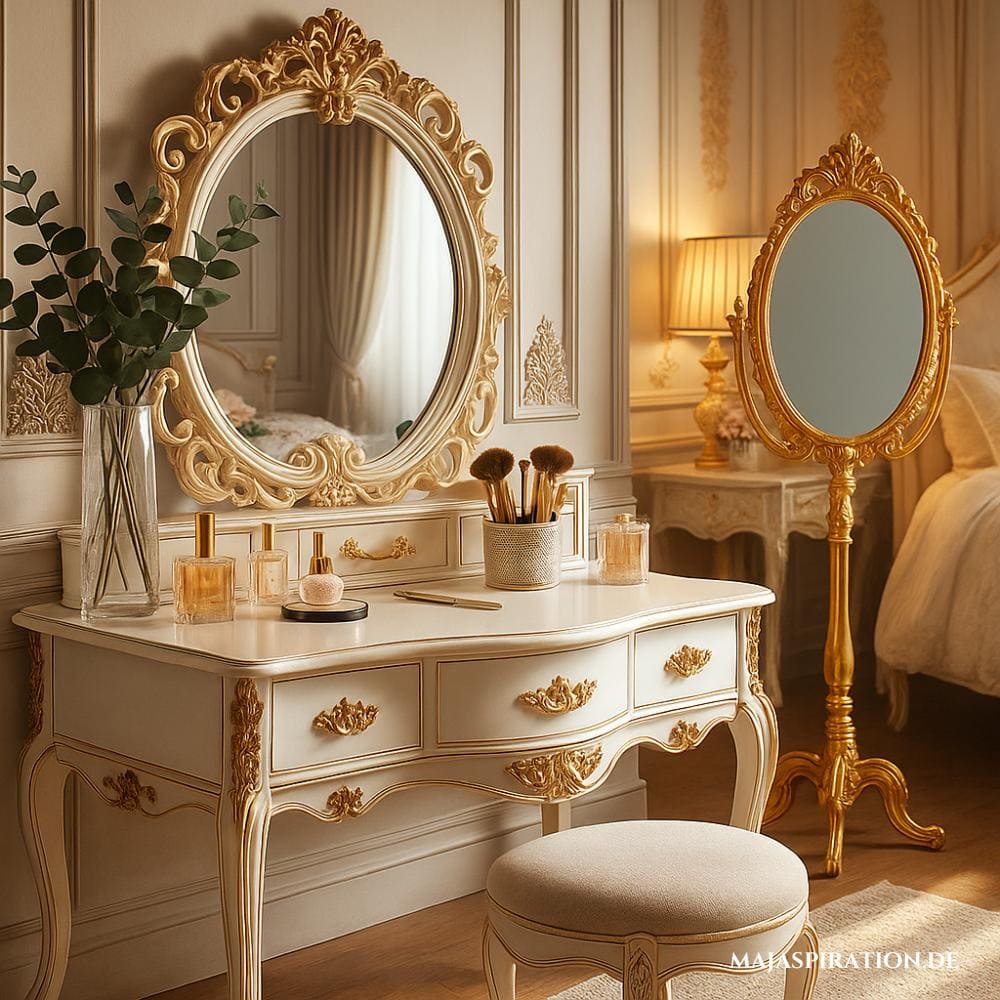 Rustikale Vintage Deko Idee: ein eleganter, vintage-inspirierter Schminktisch mit einem weißen, verzierten Design und goldenen Beschlägen. Sowohl der Handspiegel auf dem Tisch als auch der hohe, goldgerahmte Standspiegel sind deutlich sichtbar, ergänzt durch Parfümfläschchen, Make-up-Pinsel und eine Vase mit Eukalyptuszweigen. Die Atmosphäre ist luxuriös und gemütlich mit einer warmen Beleuchtung.