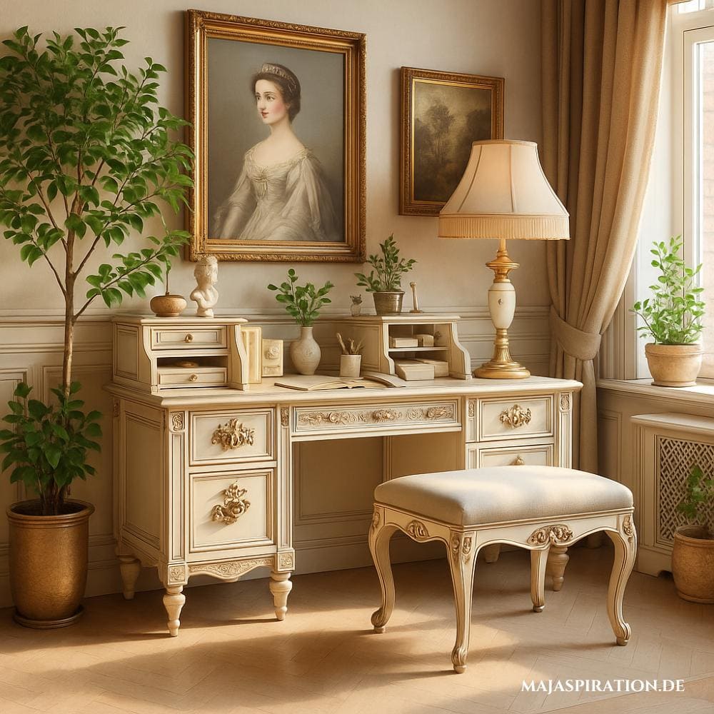 ein elegantes, vintage-inspiriertes Homeoffice mit einem cremefarbenen Sekretär, subtilen Verzierungen und einer beige gepolsterten Bank im klassischen Design. Die Dekoration umfasst eine Tischlampe, eine Vase mit Zweigen und kleine Skulpturen. Zwei Porträtgemälde schmücken die Wand, und das natürliche Licht der großen Fenster schafft eine charmante und ruhige Atmosphäre.
