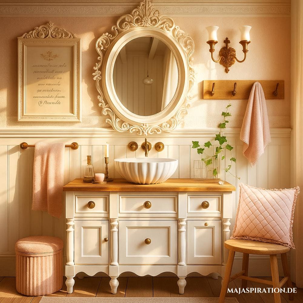 Ein rustikales Badezimmer im Vintage Look mit Barockspiegel, rosa Kissen und Kerzenleuchtern.