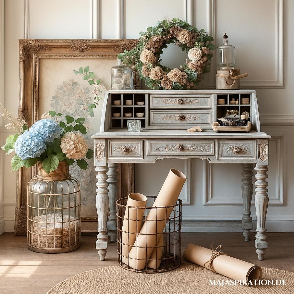 Rustikale Deko Idee im Vintage Look: Ein bezaubernder, vintage-inspirierter Sekretär in Blau mit einem Metallkorb voller gerollter Papiere und Leinwandbildern, die an den Tischbeinen lehnen. Die Szene wird durch florale Dekorationen und eine gemütliche, helle Atmosphäre ergänzt.