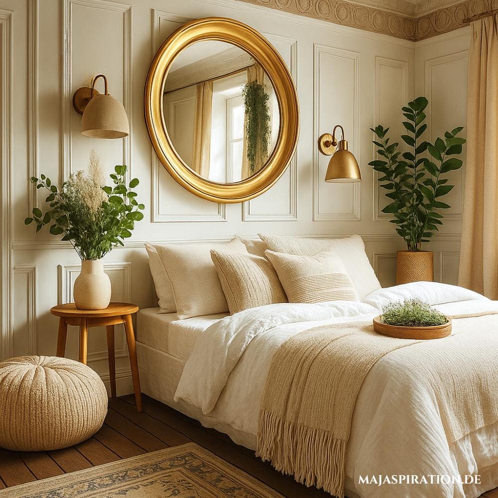 Rustikale Deko Idee für das Schlafzimmer: weiße Wandpaneele, ein ovaler goldener Spiegel, ein weiches Bett mit weißer und beiger Bettwäsche, ein kleiner Holz-Beistelltisch mit einem Glasgefäß voller Grünpflanzen, eine warme Wandlampe, geflochtene Poufs und ein gemusterter Vintage-Teppich schaffen eine charmante und einladende Atmosphäre.
