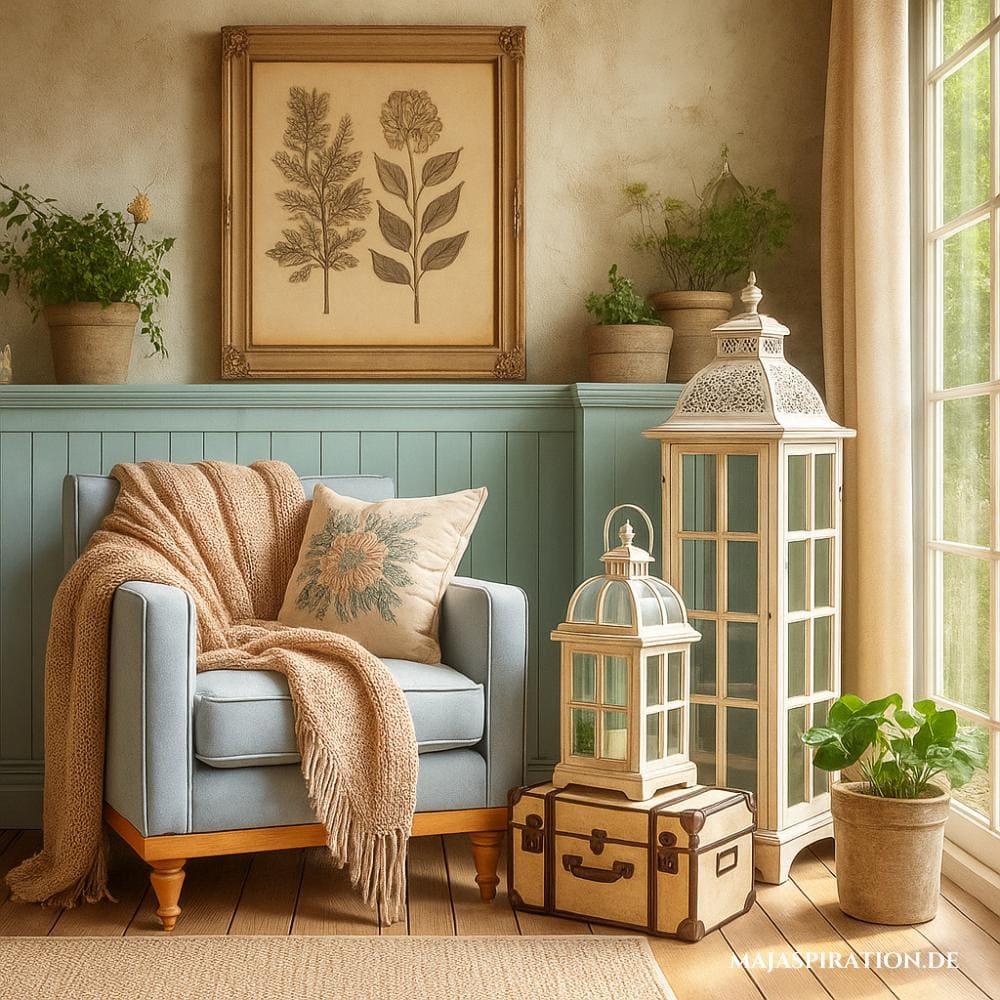 Eine gemütliche, vintage-inspirierte Wohnecke mit einem pastellblauen Sessel, einer beigen Decke und floralen Details. Der Sessel ist umgeben von rustikalen Dekorelementen wie einem weißen Metalllaternen-Terrarium und vintage Koffern vor einer zarten blau getäfelten Wand.