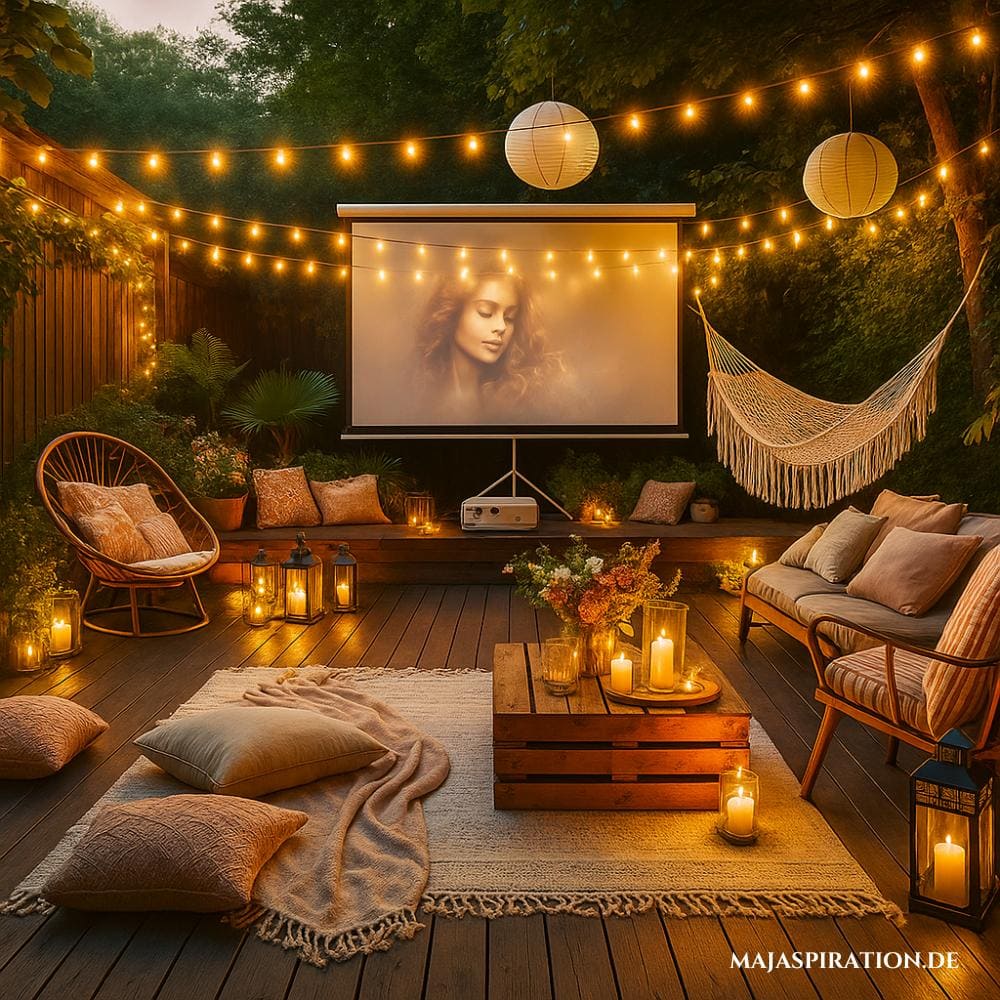 Outdoor Kino Idee mit Leinwand und Beamer auf der Terrasse