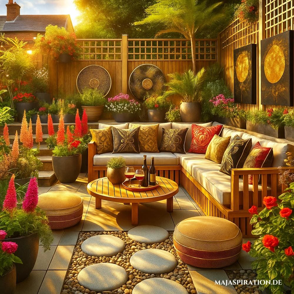 Bunte und lebensfrohe Idee für eine unüberdachte Terrasse mit roten Blumen und Bildern am Zaun