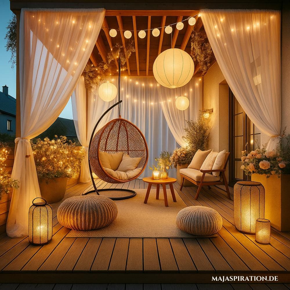Romantische Idee für Terrassen mit Hängestuhl und Lichterketten