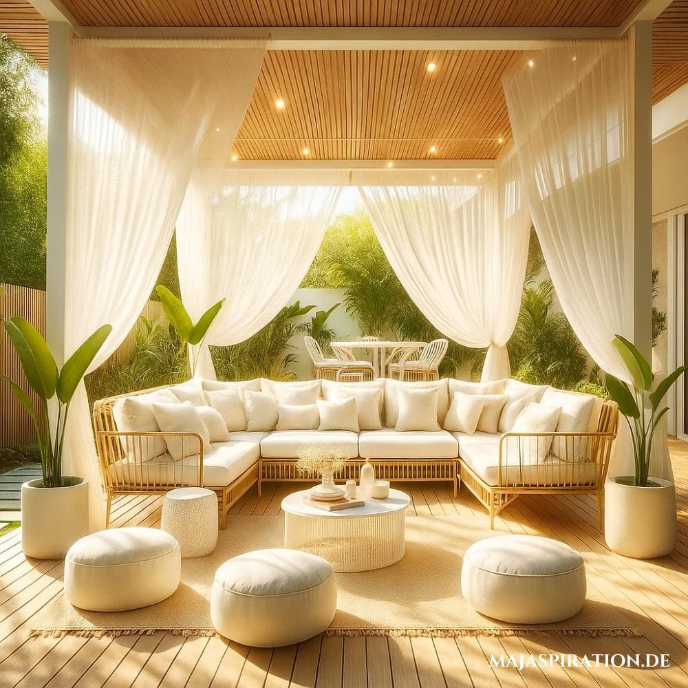 Ästhetische Terrassenidee mit weißen Möbeln und Vorhängen