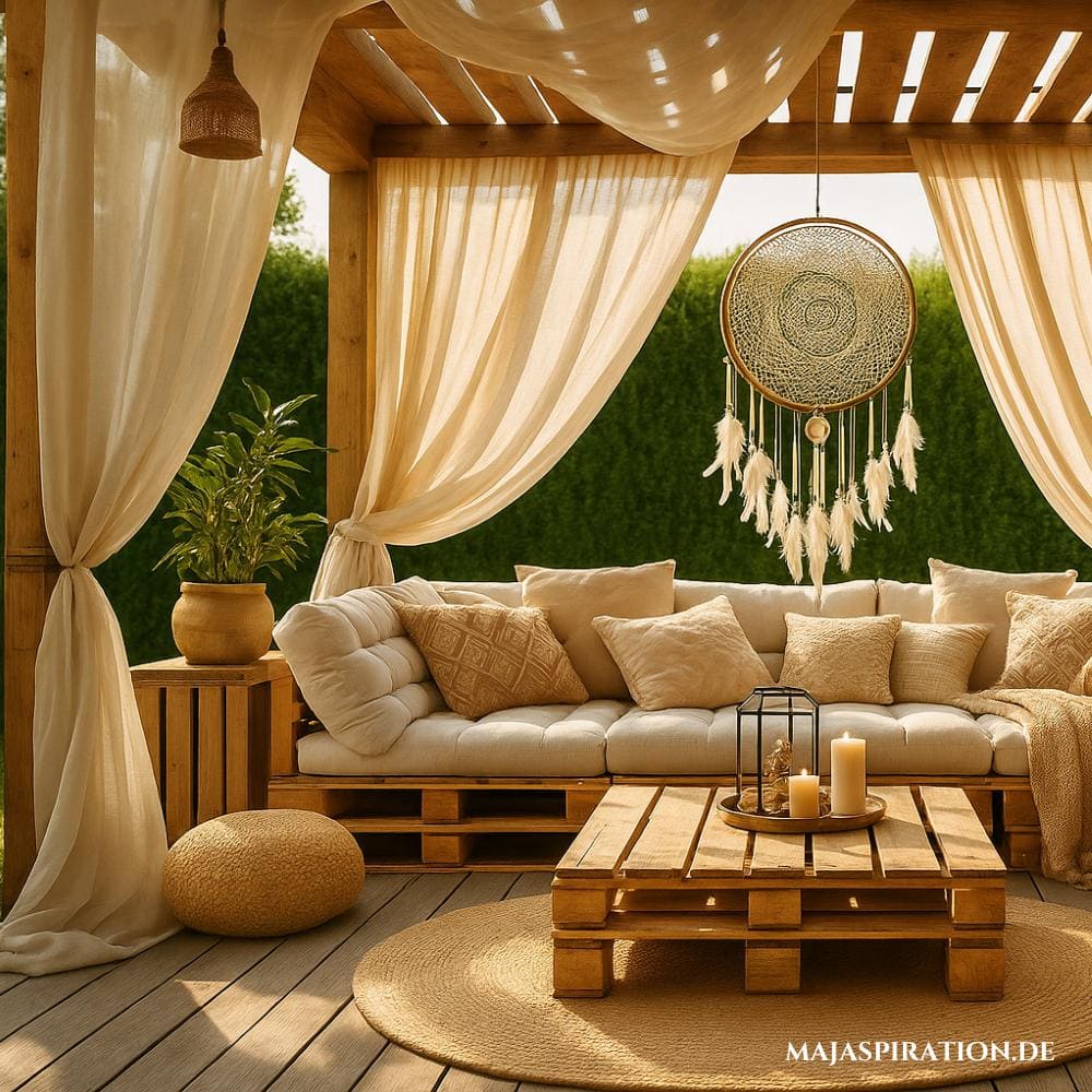 Überdachter Pavillon mit Vorhängen und Sofa