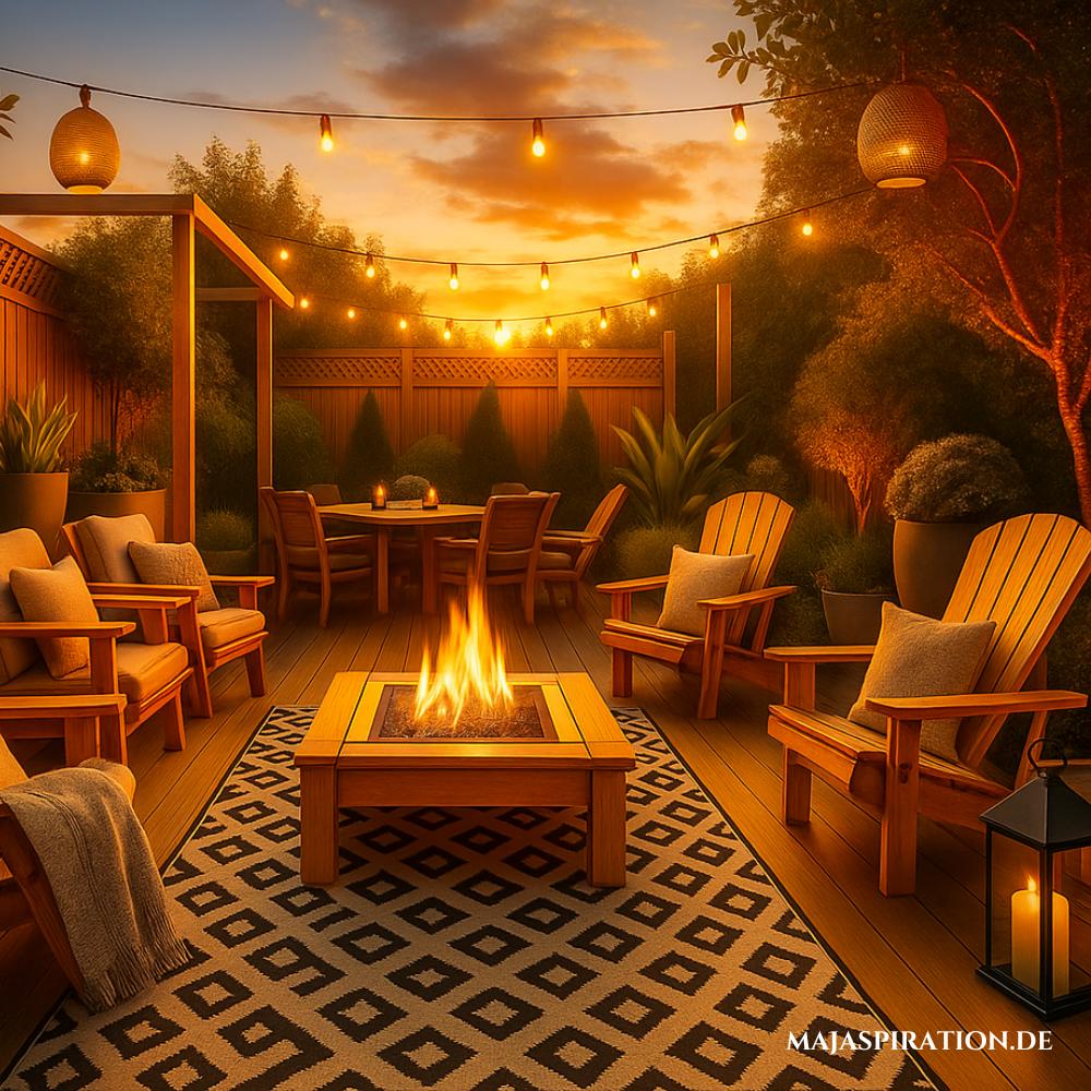 Schöne Terrasse mit Holzmöbeln, Feuerstelle und Rattan-Lampions