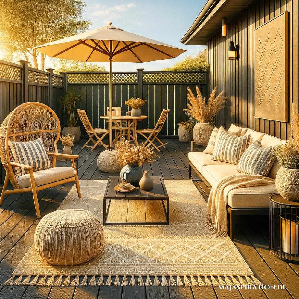 Terrassenidee mit Strandkorb und Sonnenschirm