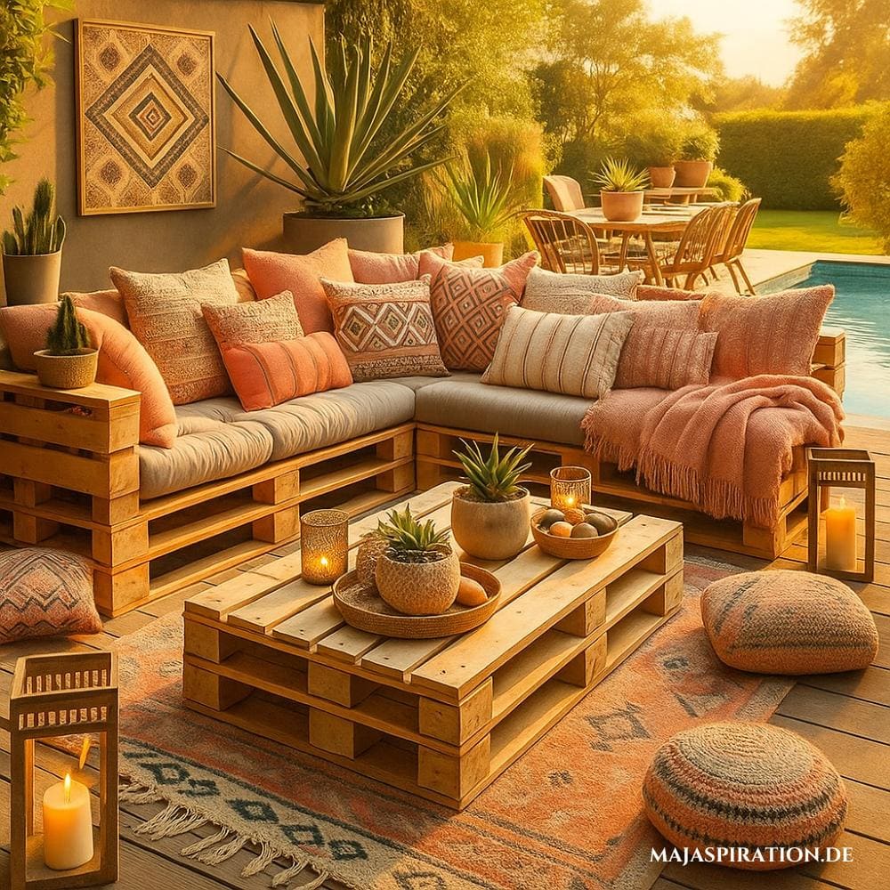 Gemütliche Terrassenidee mit Palettenmöbeln und rosa Kissen