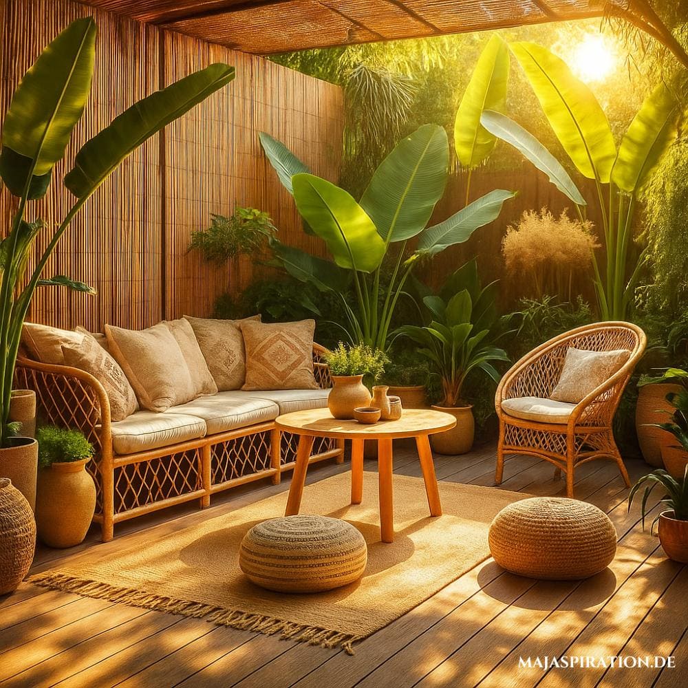Exotische Idee für Terrassen mit Bambusmöbeln und Grünpflanzen