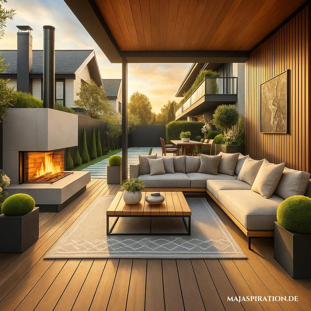 Moderne Idee für die Terrasse mit Outdoor Kamin