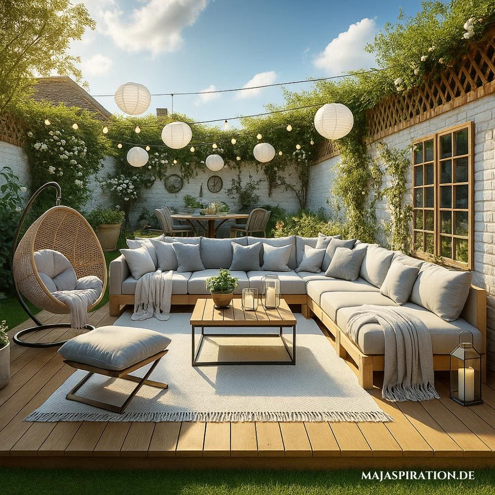 Traumhafte Idee für Terrassen mit Outdoor Sitzecke unter freiem Himmel mit Lampions