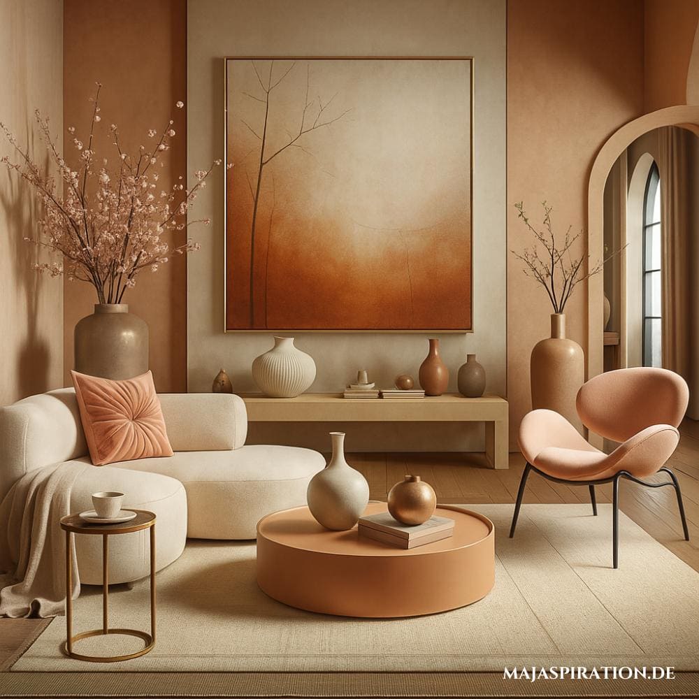 Ein stilvolles Wohnzimmer im japanischen Stil und einem großen Wandbild in Beige-Orange.