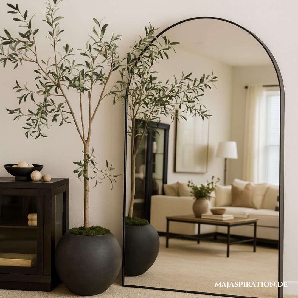 Stilvolle, minimalistische Dekorationsidee mit hohem Bogenspiegel, großer Vase