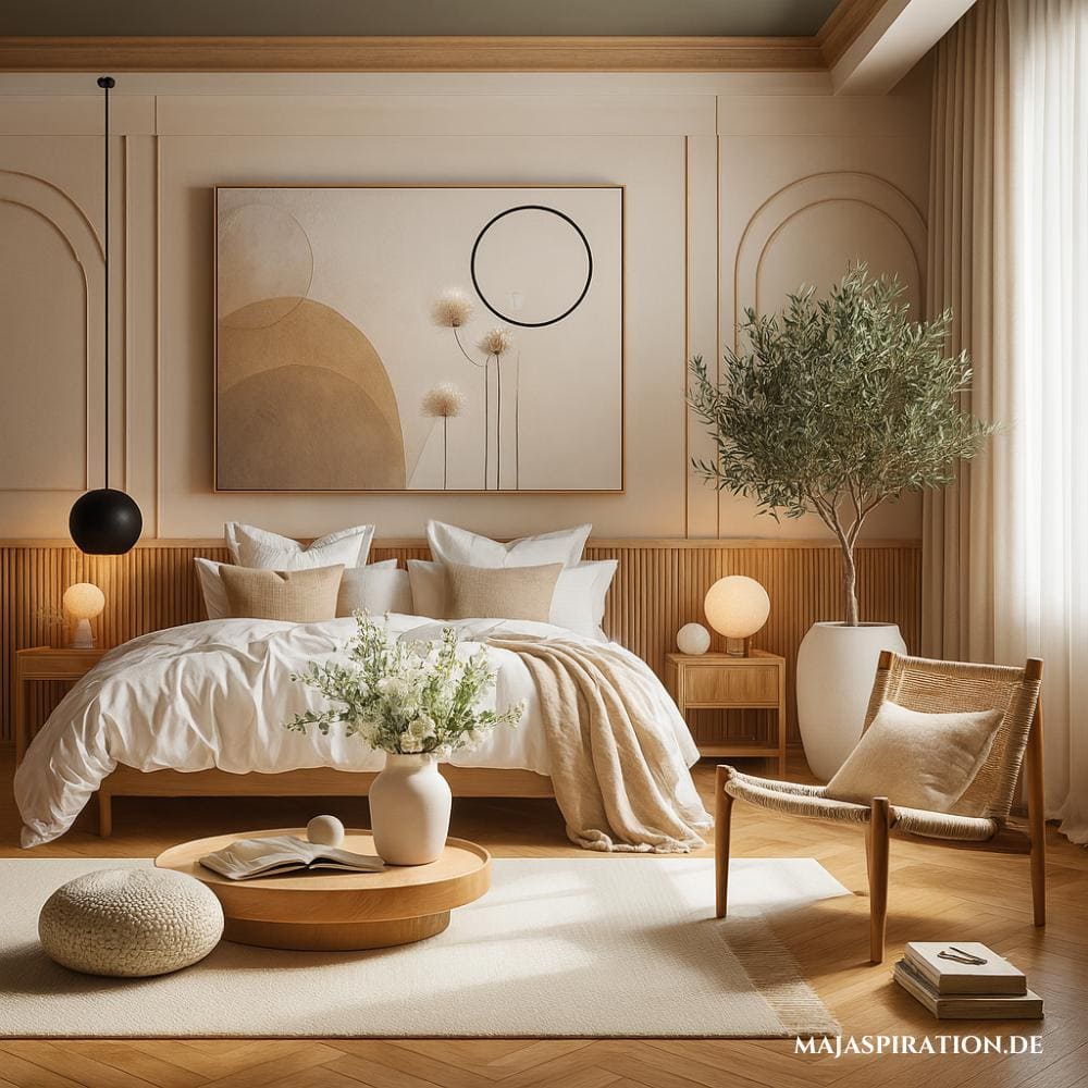 Stilvolles Schlafzimmer in warmen Tönen und einem Olivenbäumchen in der Ecke.