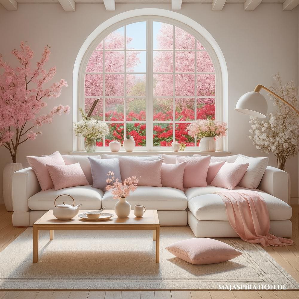 Ein gemütliches Wohnzimmer mit einer weißen Couch voller pastellfarbener Kissen und einem blühenden Kirschbäumchen.