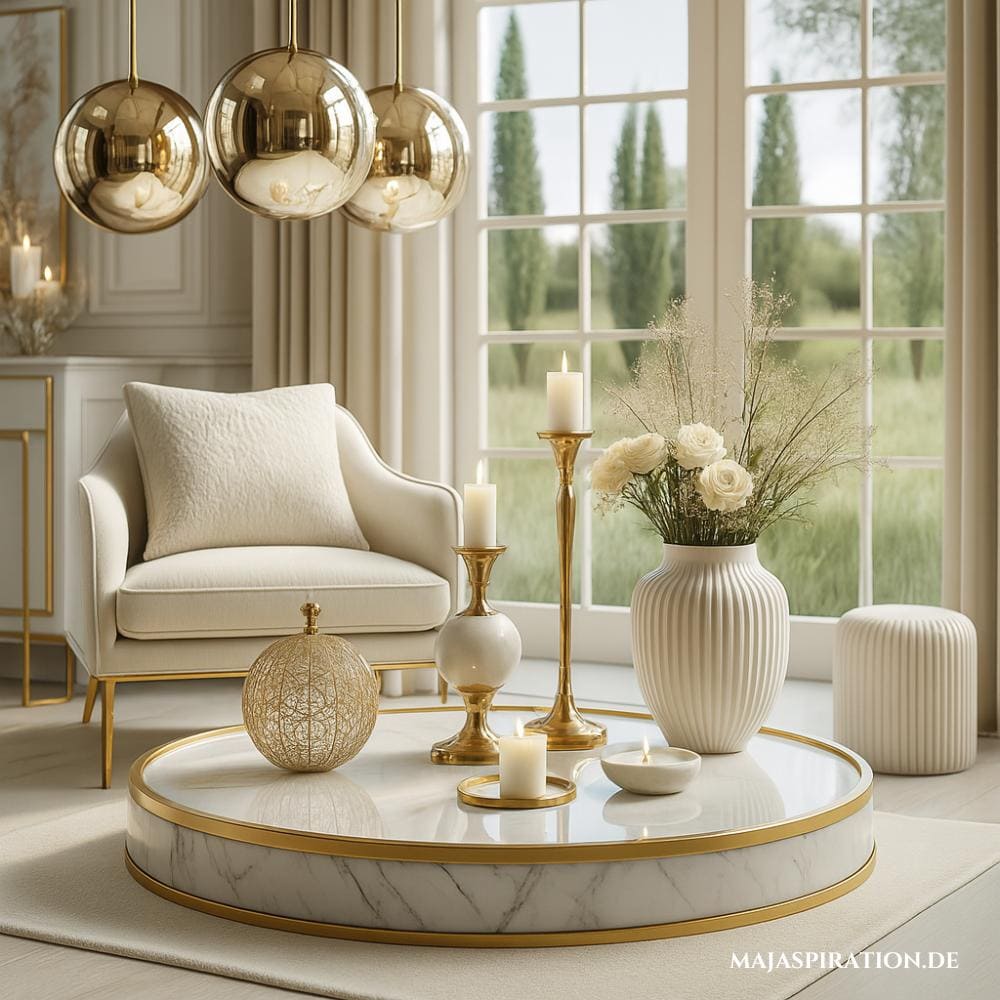 Ein luxuriöses Wohnzimmer in Weiß und Gold mit opulenten Pendelleuchten in Gold, die über einem Marmor-Couchtisch hängen.
