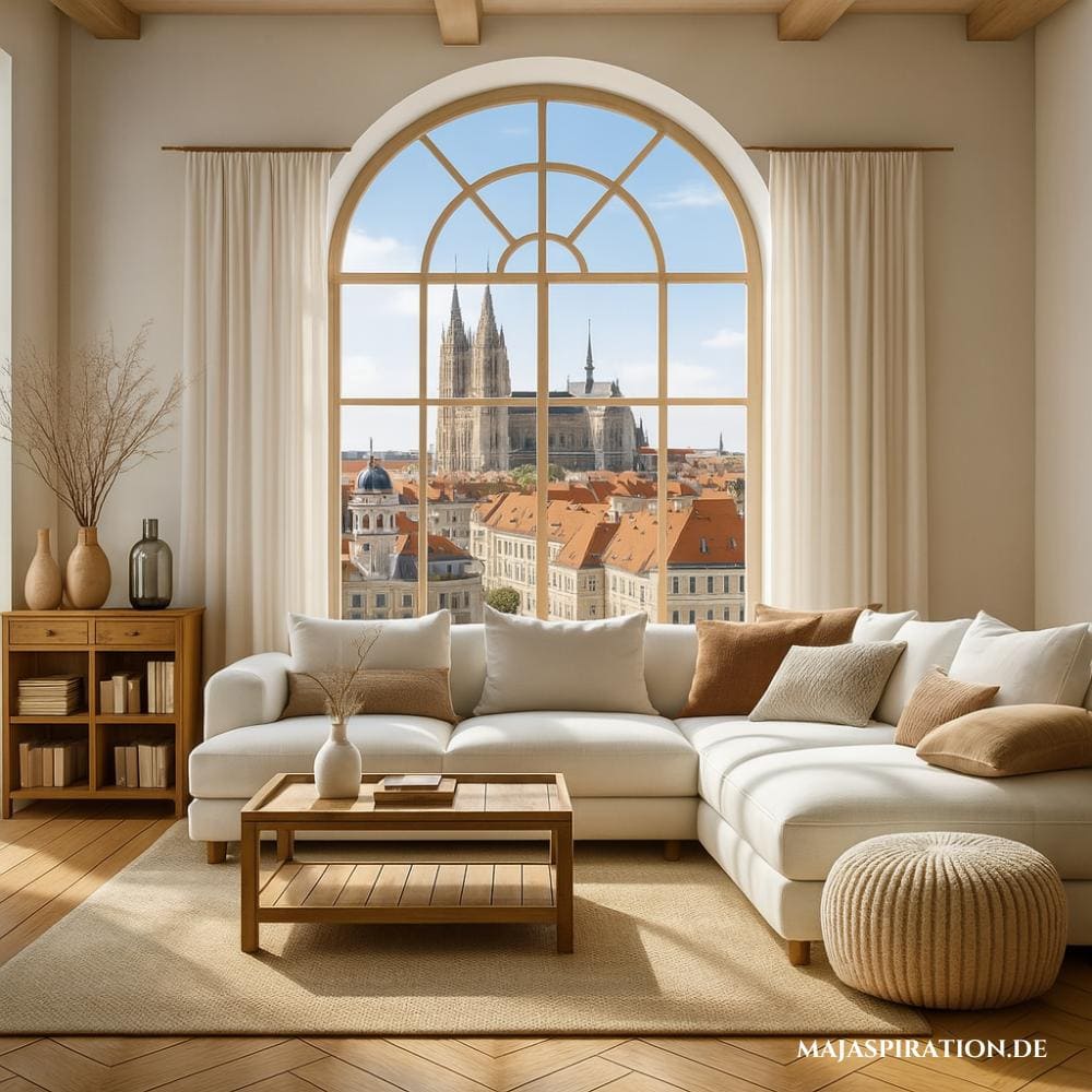 Stilvolles Wohnzimmer mit Sofa im Raum, was die Wohnung teurer wirken lässt.