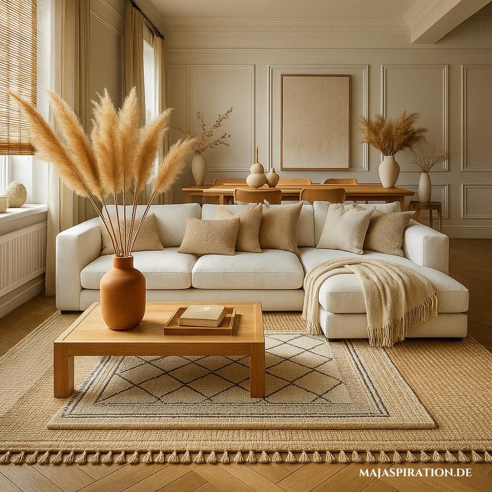 Ein Wohnzimmer im Boho Stil und einem großen Leinenteppich über dem noch ein kleinerer strukturierter Teppich liegt.