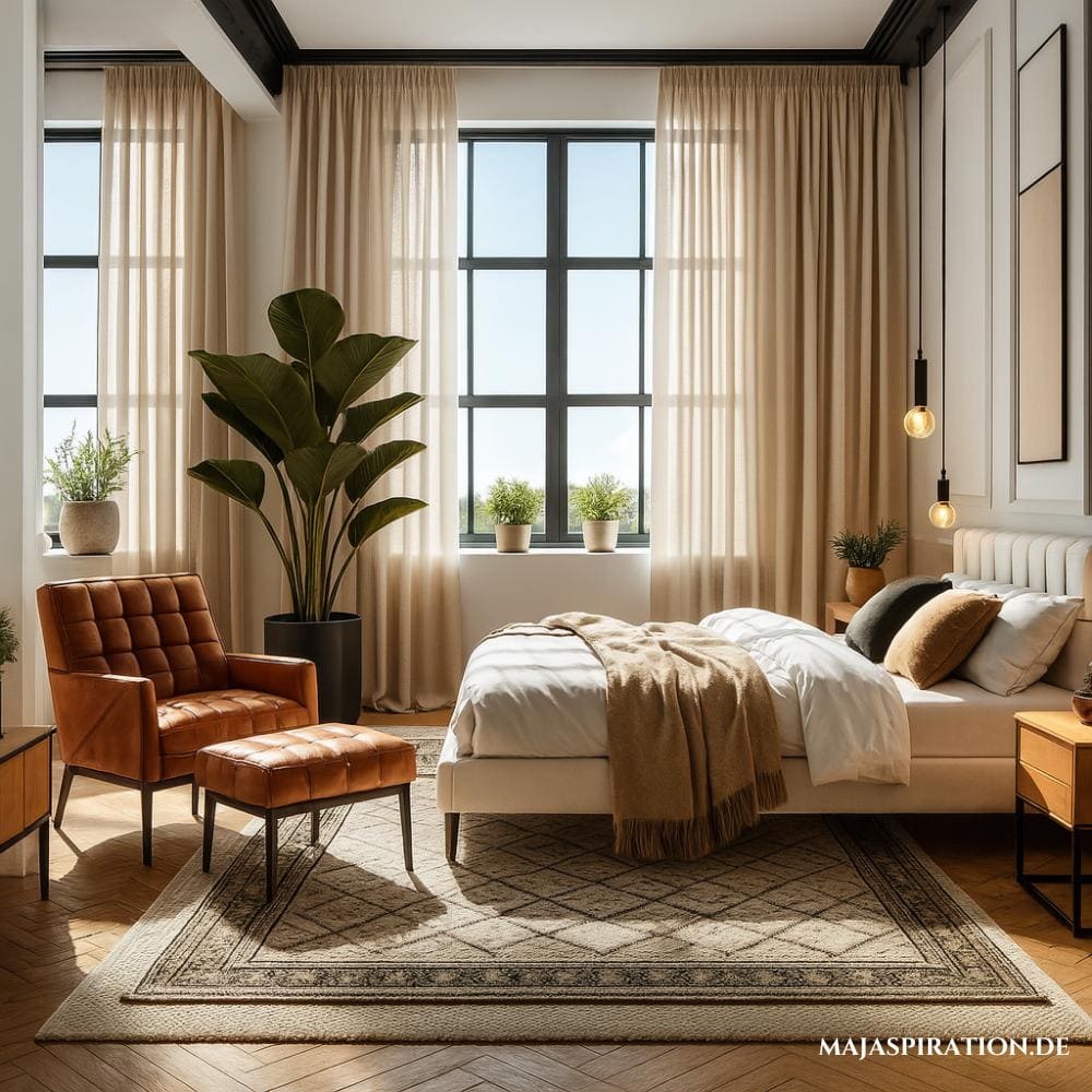 Elegantes Schlafzimmer mit bodenlangen Vorhängen, die die Einrichtung teurer wirken lassen.