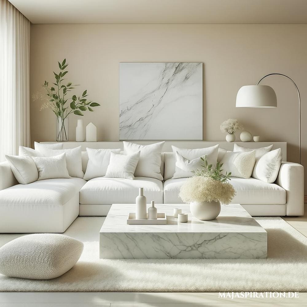 Ein elegantes Wohnzimmer in Weiß mit einem massiven Couchtisch aus Marmor.