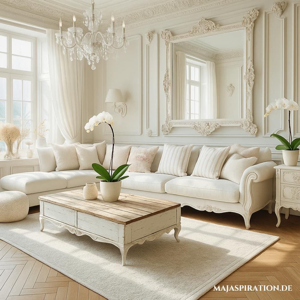 Ein helles Wohnzimmer mit modernem Vintage-Charme. Es zeigt ein großes weißes Sofa mit gestreiften Kissen, einen shabby-chic Holztisch mit einer weißen Orchidee und einen verzierten Spiegel, der eine elegante und luftige Atmosphäre schafft.