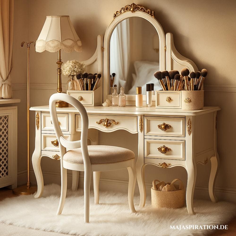 Vintage-inspirierter Schminktisch: ein weiß gestrichener Schminktisch mit mehreren Schubladen, einem goldgerahmten bogenförmigen Spiegel und einem klassischen Bugholzstuhl. Der Tisch ist mit Make-up-Pinseln, einer weißen Tischlampe und kleinen dekorativen Gegenständen geschmückt, was eine charmante und elegante Atmosphäre schafft.