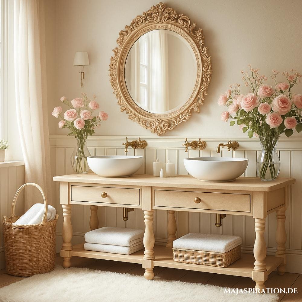 Vintage-Badezimmer, mit zartem Licht, einem hellen Holzwaschtisch, pastellfarbenen Akzenten und einer luftigen, beruhigenden Atmosphäre.